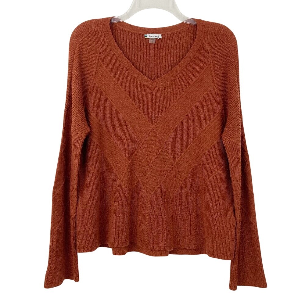 Smartwool Shadow Pine Cable V-Neck‎ Sweater Size S Merino Wool Rust Ribbed